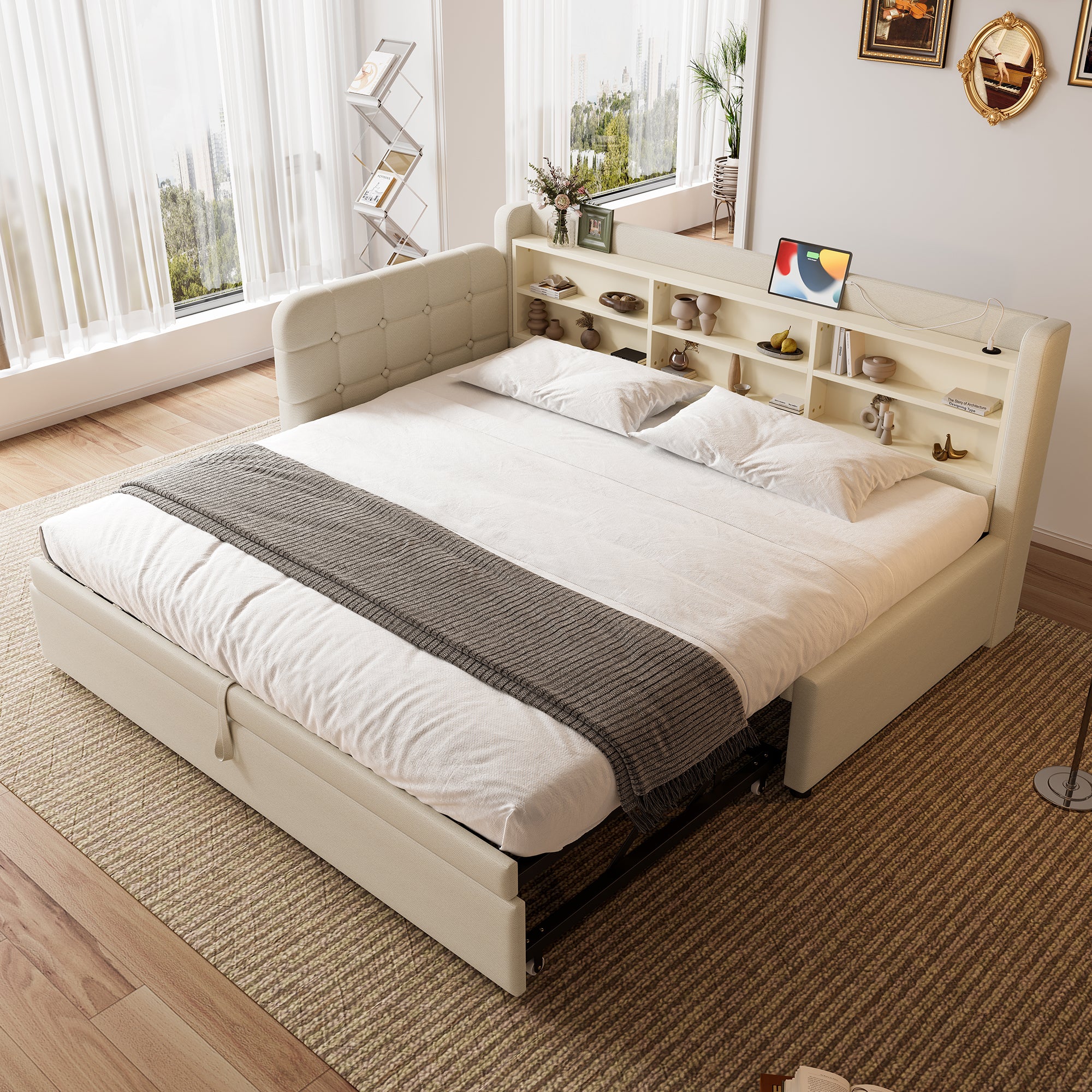 Łóżko wysuwane 90/180 x 200 cm z przegródkami, sofa rozkładana - Tkanina lniana - Gniazda USB + Typ C - Beżowe (bez materaca)