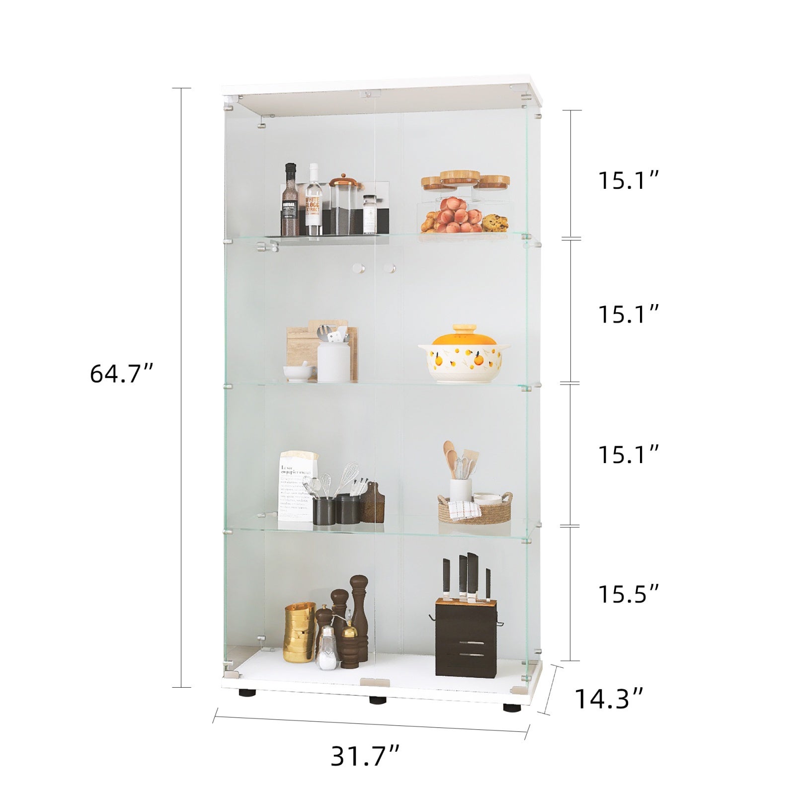 Vitrina de exposición de vidrio - Mueble de almacenamiento con 4 estantes y 2 puertas - 164,3 x 80,5 x 36,3 cm - Salón, despacho - Blanco - 4