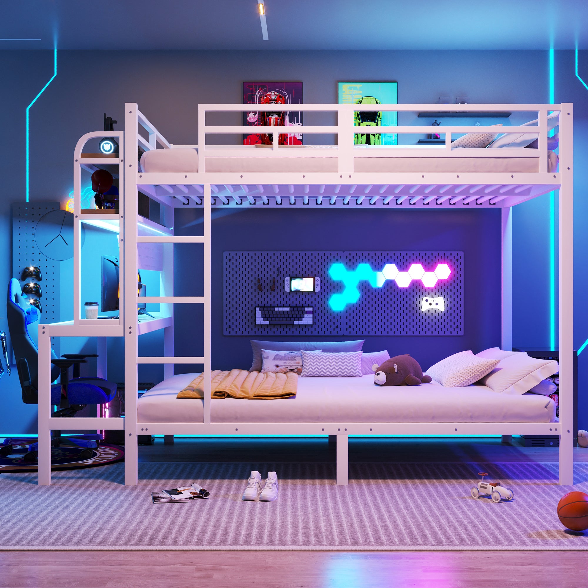 Lit superposé 140x200 avec bureau intégré, LED et ports USB - Structure métal, garde-corps et échelle - Blanc (sans matelas) - 4