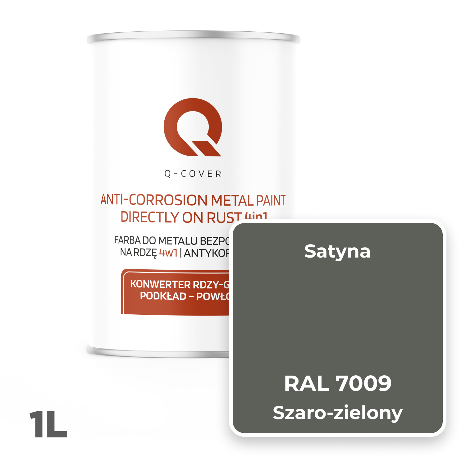 Farba do Metalu Prosto na Rdzę 4w1 Q-Cover Szaro-zielony RAL7009 Satyna 1L - 2
