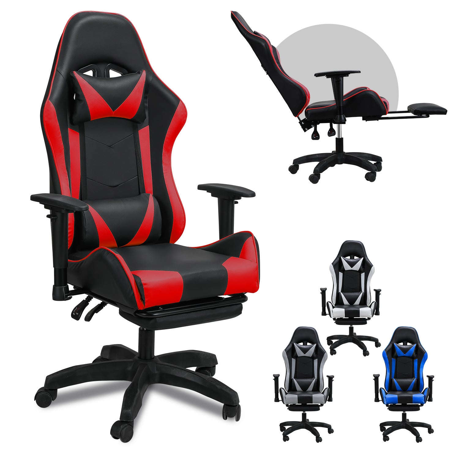 Sedia Da Gioco Ergonomica Con Poggiapiedi E Cuscino Lombare - Portata 150 Kg - Nero/Rosso