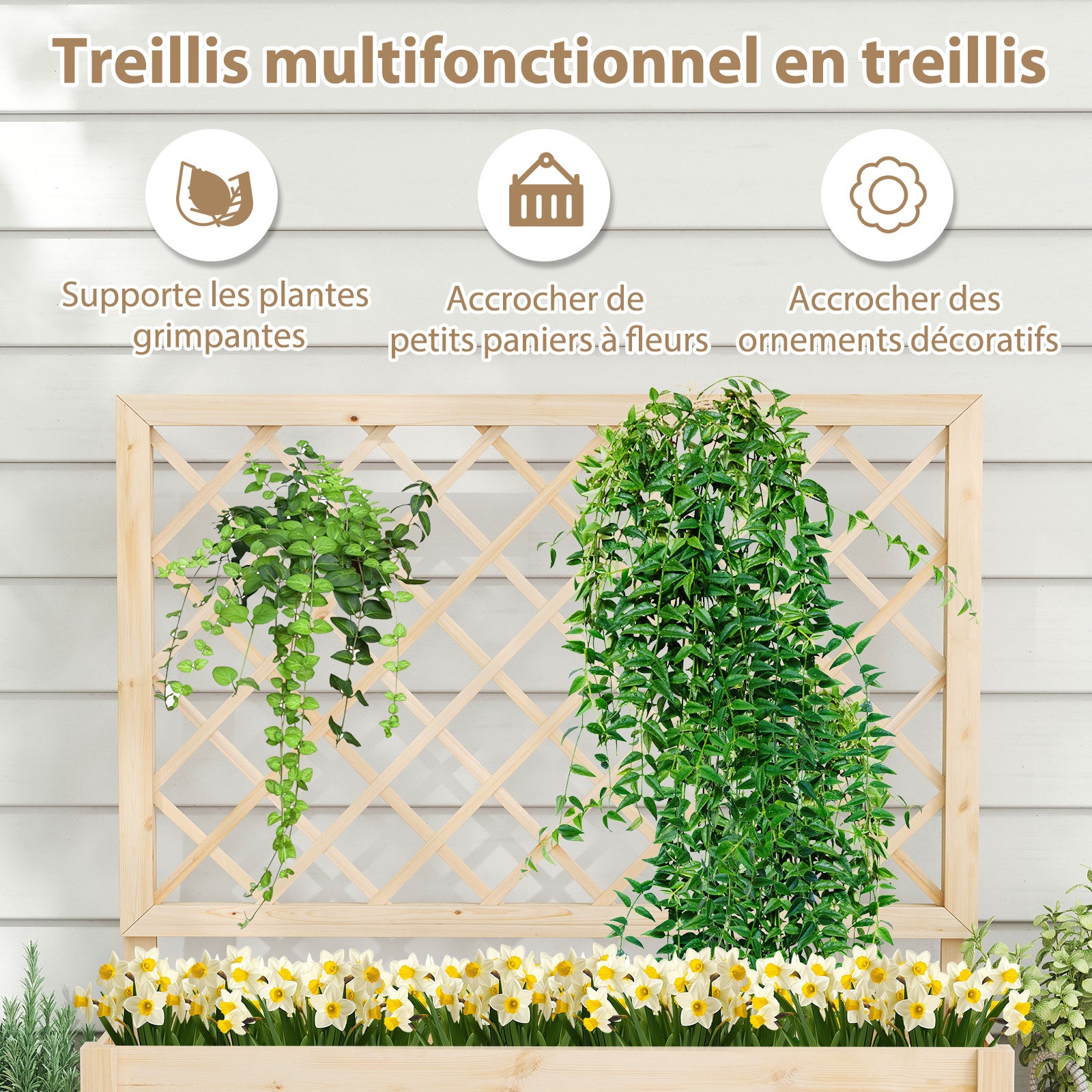 Jardinière Surélevée avec Treillis, Drainage, en Bois Massif pour Plantes Grimpantes, Fleurs, Herbes, Légumes, Fruits, 98 x 35 x 101 cm - 6