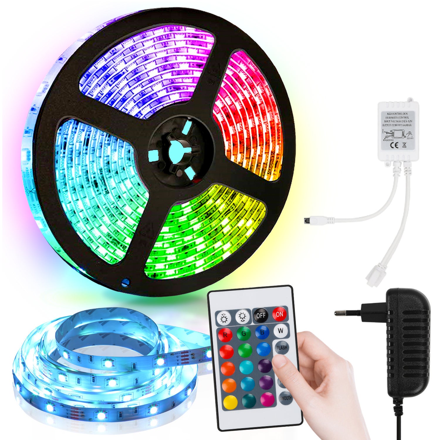 Taśma LED 2M 5050 SMD RGB, 60 diod LED z 24-klawiszowym pilotem + zasilacz 12 V do ścianki tylnej imprezowej