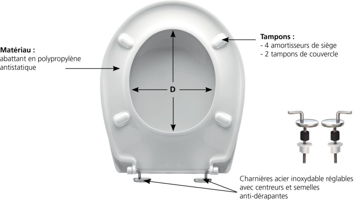 abattant wc - opio - charnière individuelle ajustable - thermoplastique - blanc - siamp 47105610 - 3