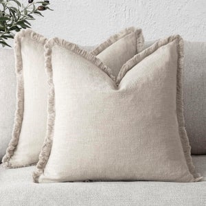 Set di 4 federe decorative autunnali in lino neutro con frange, stile rustico boho, per letto, divano, soggiorno, casa, 45 x 45 cm, beige/marrone/verde