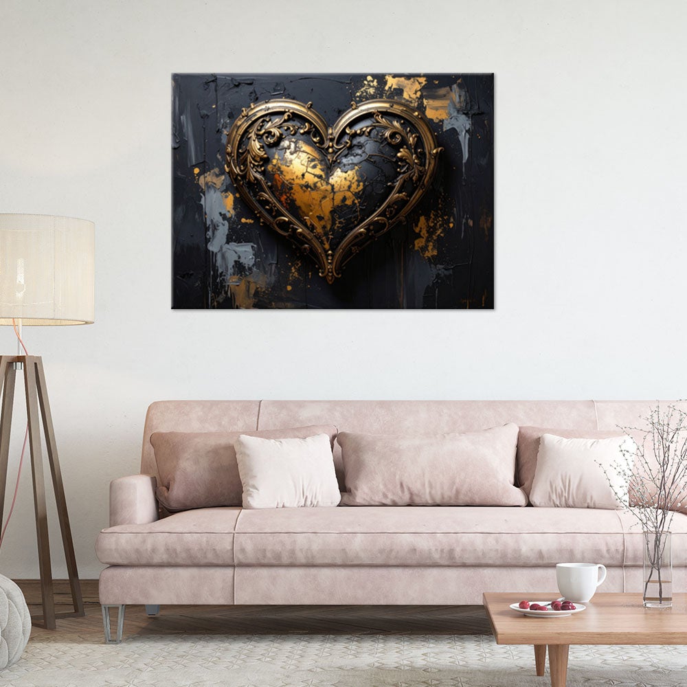 Obraz do salonu sypialni, 3D Serce miłość czarno złoty 60x40 - 2