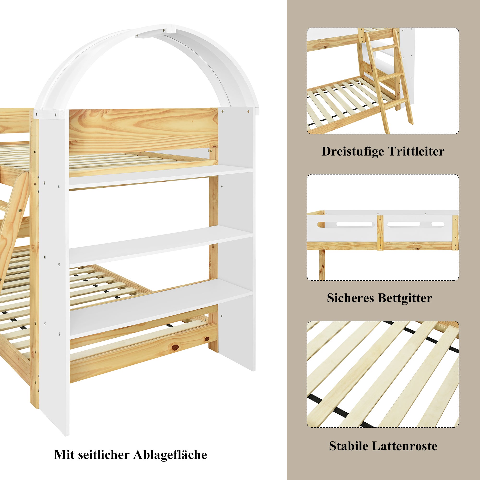 Łóżka piętrowe 2 x 90 x 200 cm z 3-poziomową półką - Sosna + MDF + sklejka - Białe + naturalne (Materace nie są wliczone w cenę) - 6
