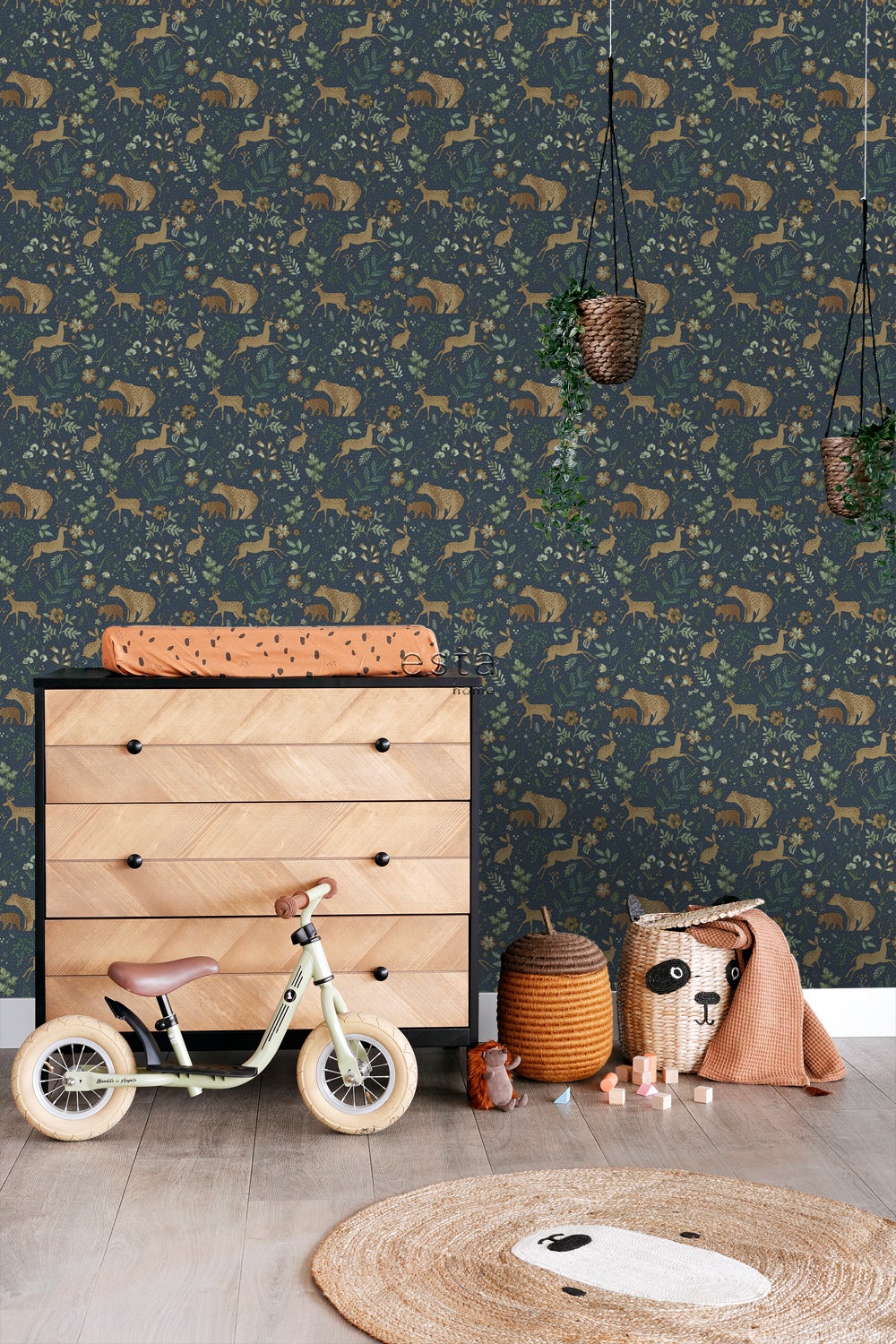 Papier peint forêt avec des animaux de la forêt bleu foncé et beige - 53 cm x 10.05 m - ESTAhome - 4