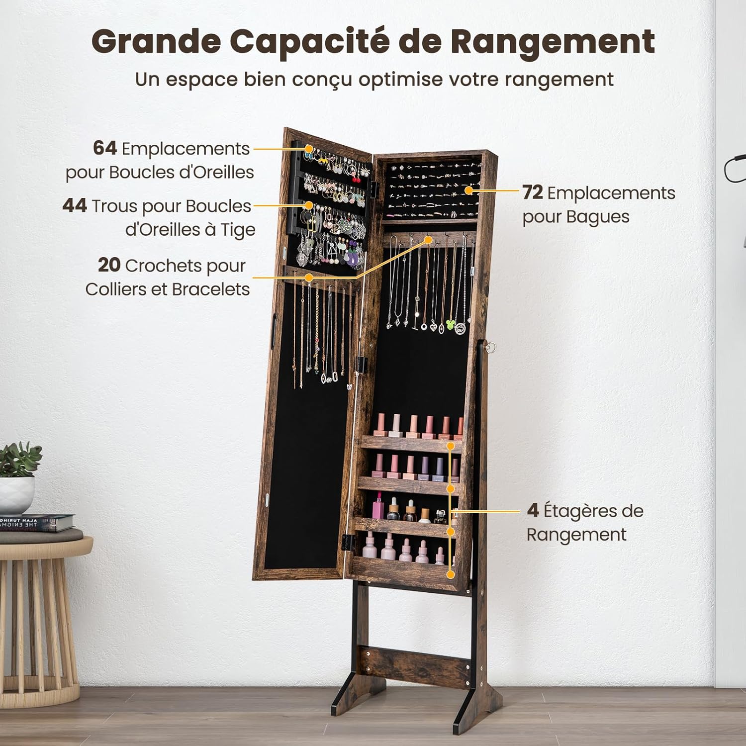 Armoire à Bijoux sur Pied avec Miroir Inclinable en 3 Positions, Convient pour Salon, Chambre et Porche (Marron Rustique) - 4