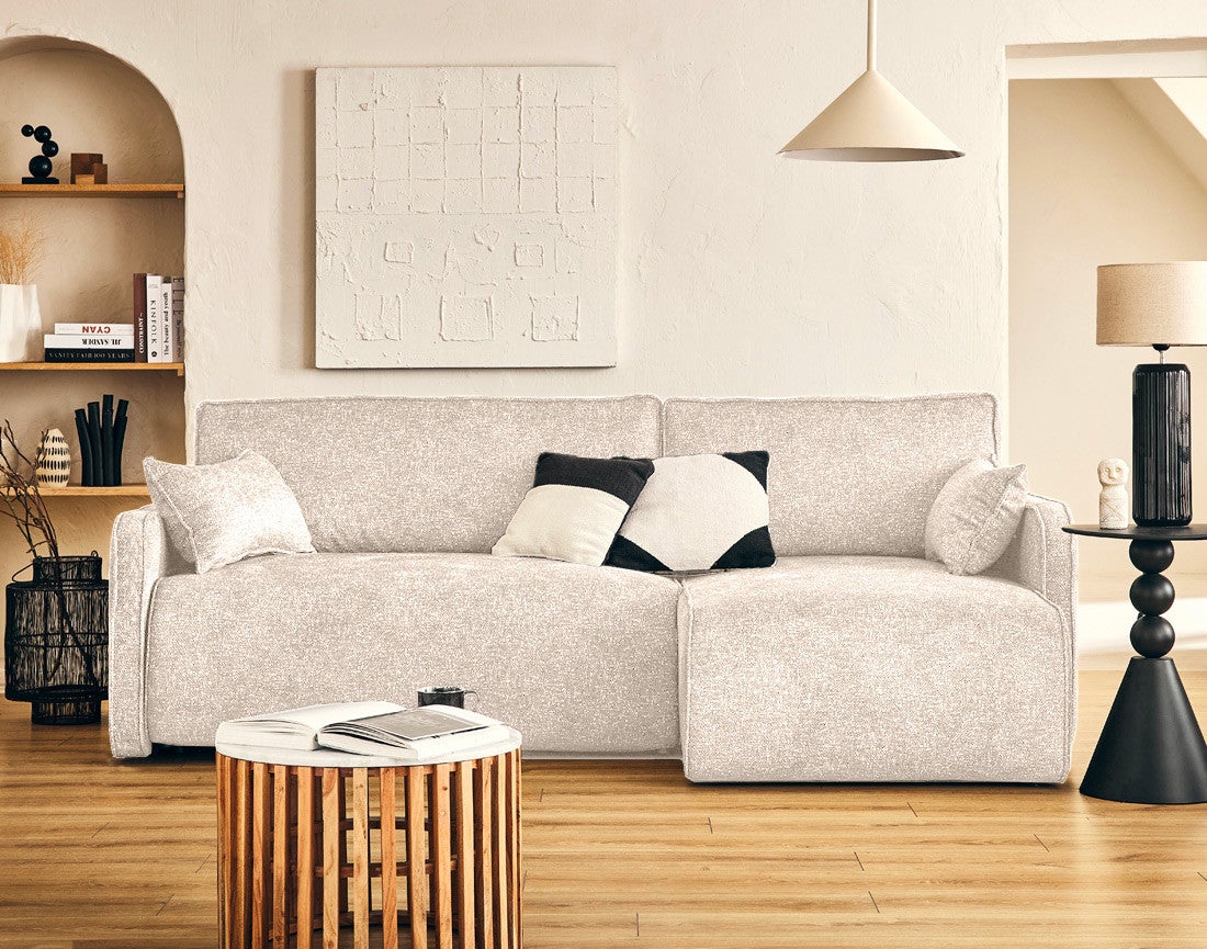 Canapé D'angle Convertible 4 Places - Tissu Beige - Réversible Avec Coffre