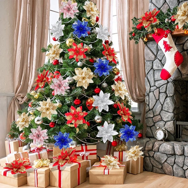 Lot de 10 décorations de Noël, fleurs artificielles scintillantes avec clips, décorations pour sapin de Noël, pendentifs de fleurs artificielles - 8