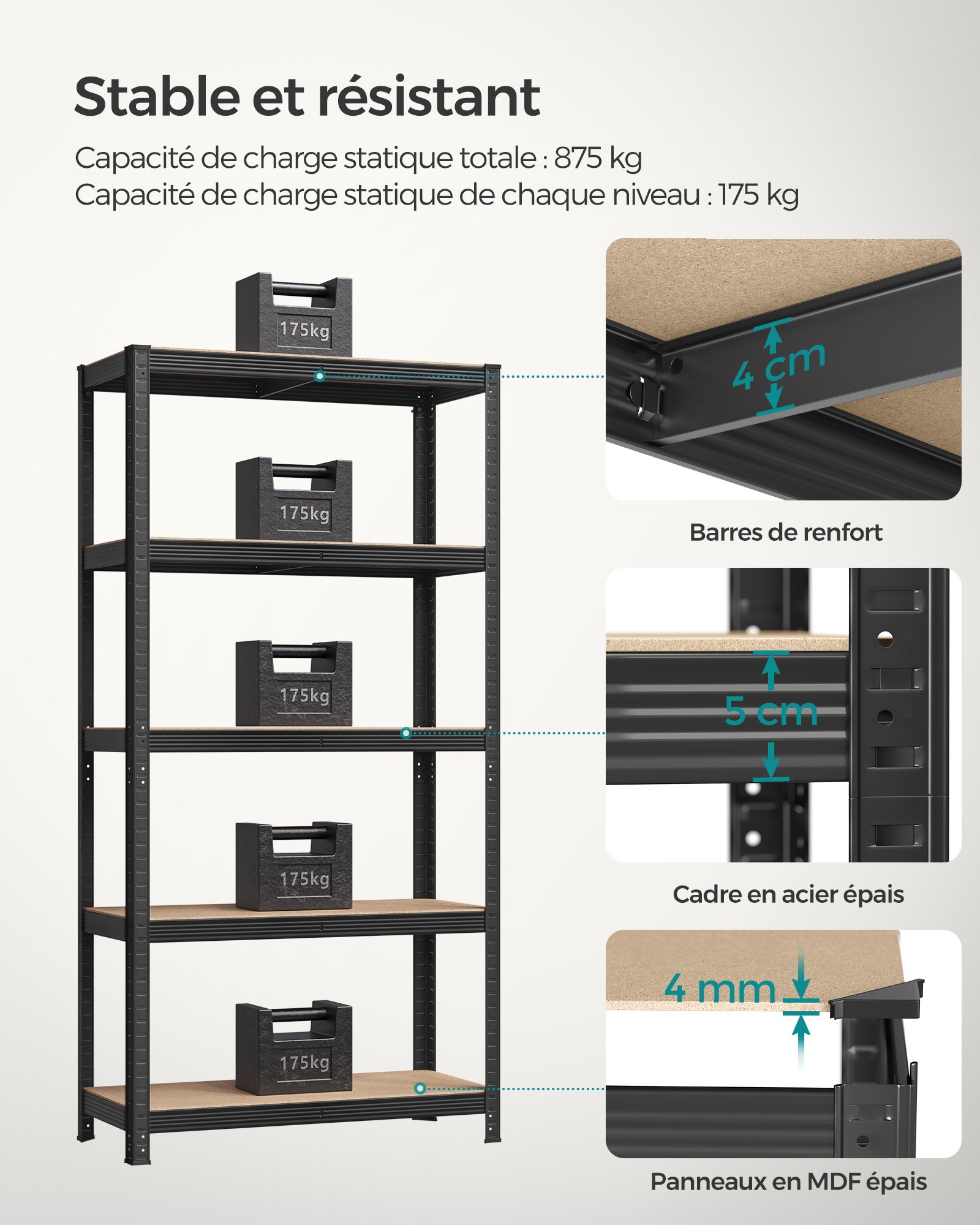 Lot de 2, Étagère de Rangement à 5 Niveaux, 40 x 90 x 180 cm, Capacité 875 kg, Planches Réglables, Style Industriel, pour Cuisine, Salon, Noir - 3