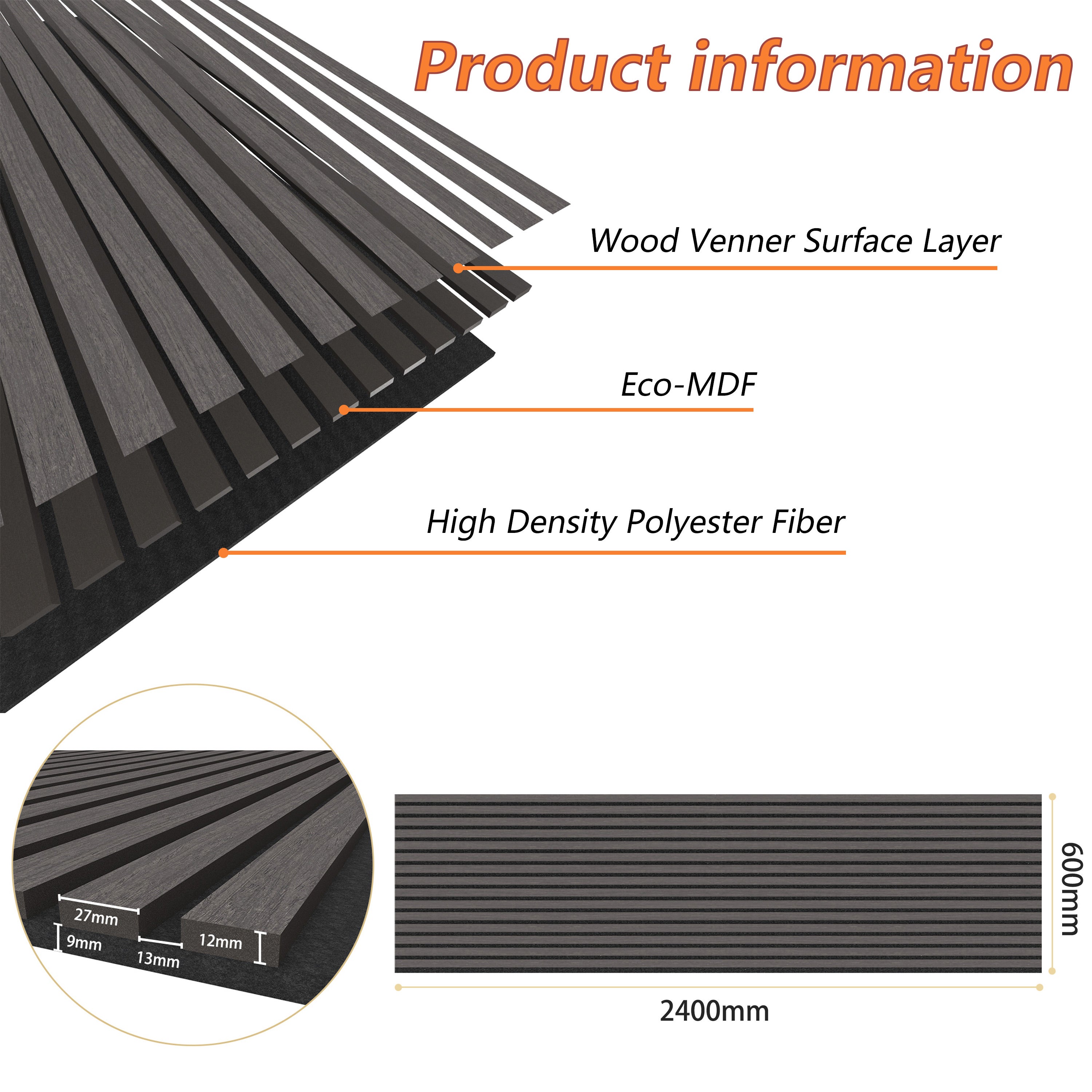 Lot de 2 Panneaux Muraux Décoratifs Acoustiques Bois MDF 240x60cm Chêne gris AntiBruit, Facile à Poser - 3