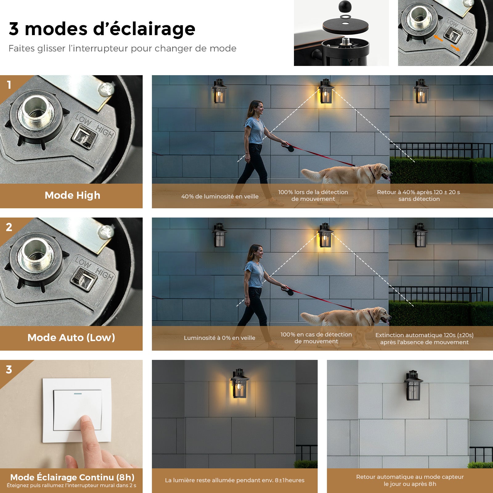 Applique murale extérieure rétro en alliage d’aluminium moulé sous pression, IP44, avec capteur de mouvement, douille E27, pour jardin, garage, porche - 5