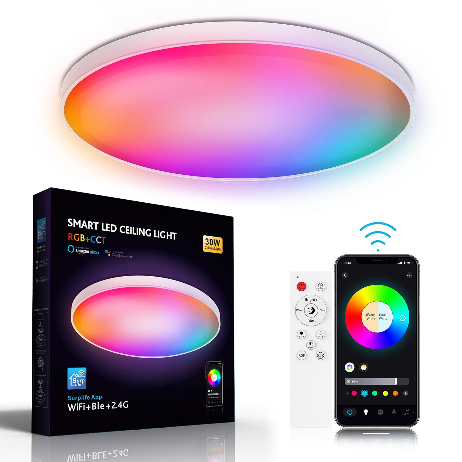 Inteligentna lampa sufitowa z pilotem Wi-Fi i Bluetooth, ściemniaczem kolorów RGBCW, sterowaniem głosowym Alexa, prostym i ultra-mi