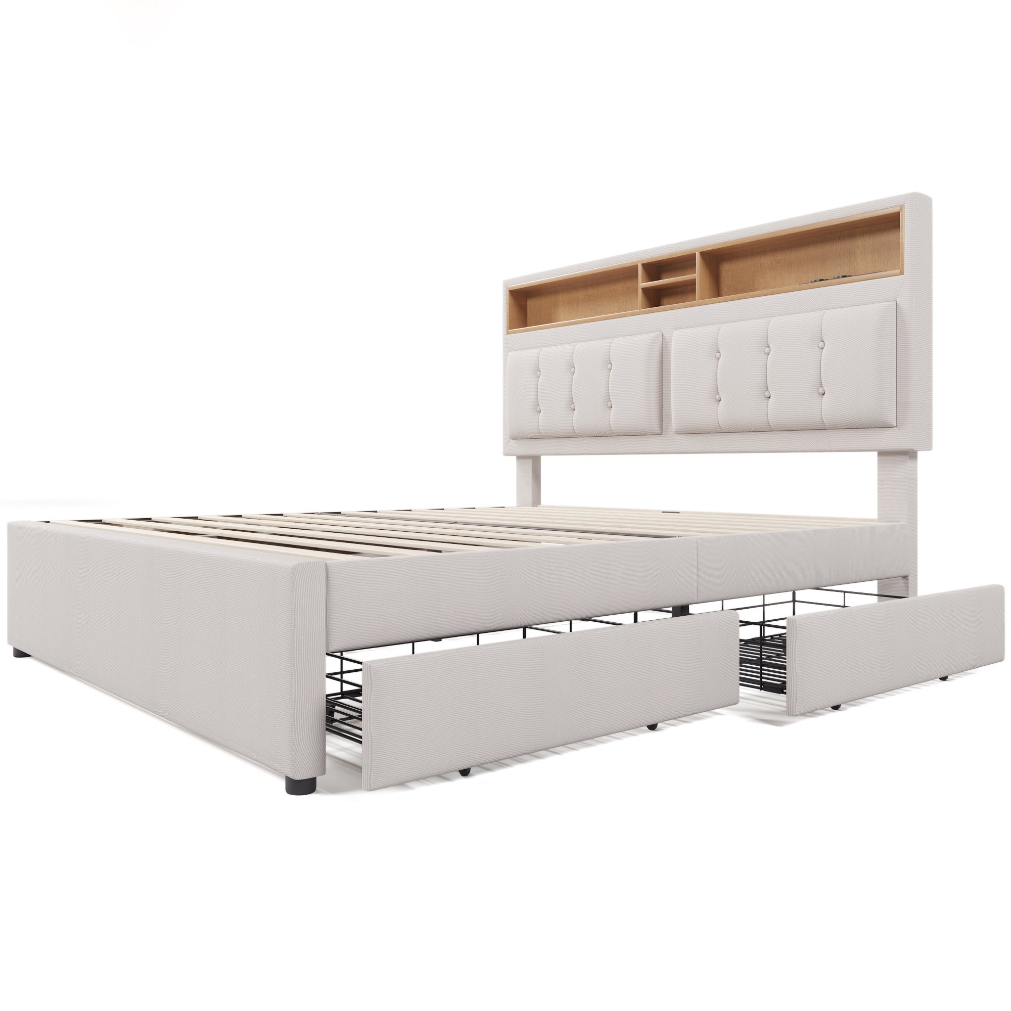 Tapicerowane łóżko dla dorosłych z 4 szufladami i portem ładowania USB - 140x200 cm - Tkanina lniana - Beż - 4