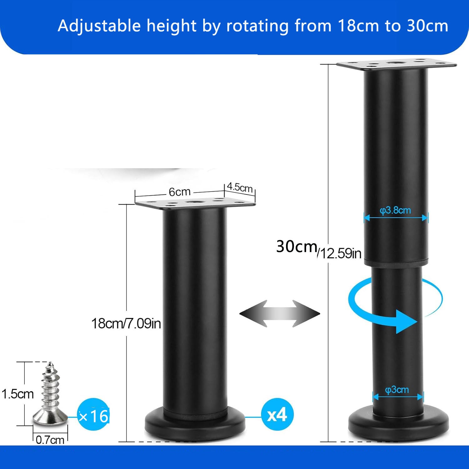 Pied Reglable En Hauteur Lot De 4 Pieds De Meuble Réglables De 15 Cm, Avec Vis De Montage Pied De Lit