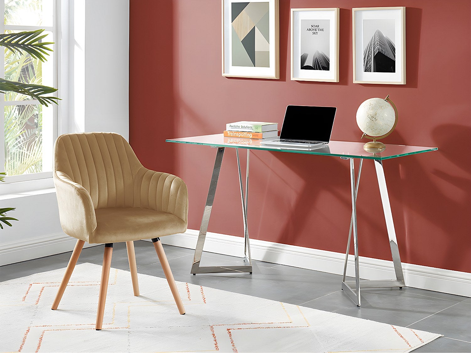 Krzesło z podłokietnikami ELEANA - Welur i Metal o wyglądzie drewna - Kolor beżowy