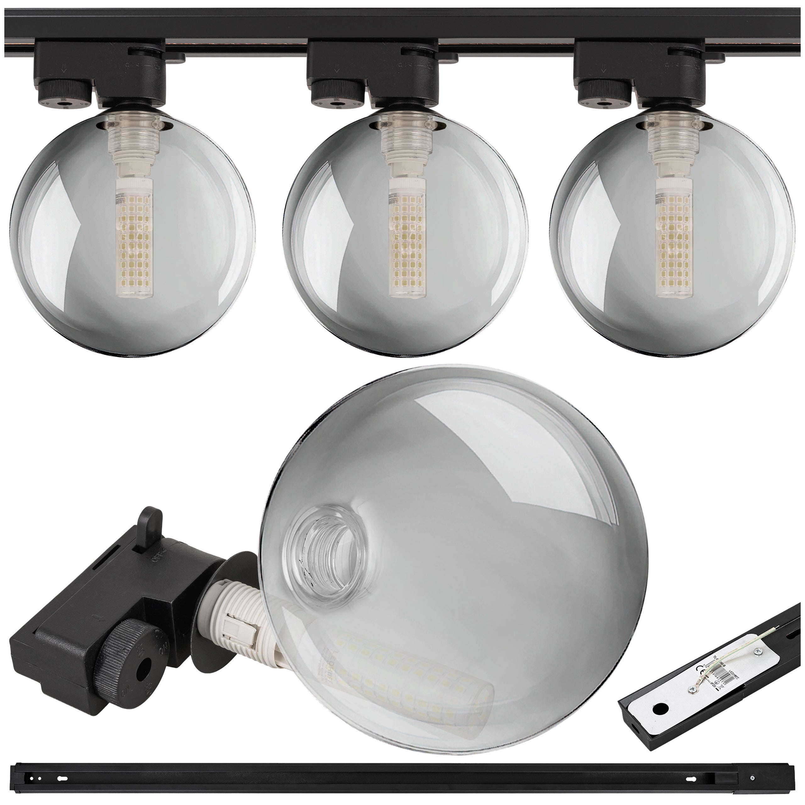 Lampa szynowa wisząca 3x KULA GRAFITOWA klosz dymiony G9 + szynoprzewód 1m Oprawa szklana szara OZDOBNA - LEDHOFF