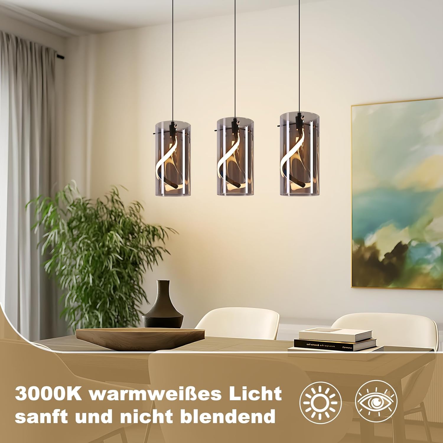 Lampa wisząca LED Nettlife Vintage z 3 źródłami światła – szkło w kolorze dymnego szarego szkła, 33 W, 3000 K, w stylu retro, regulowana - 3