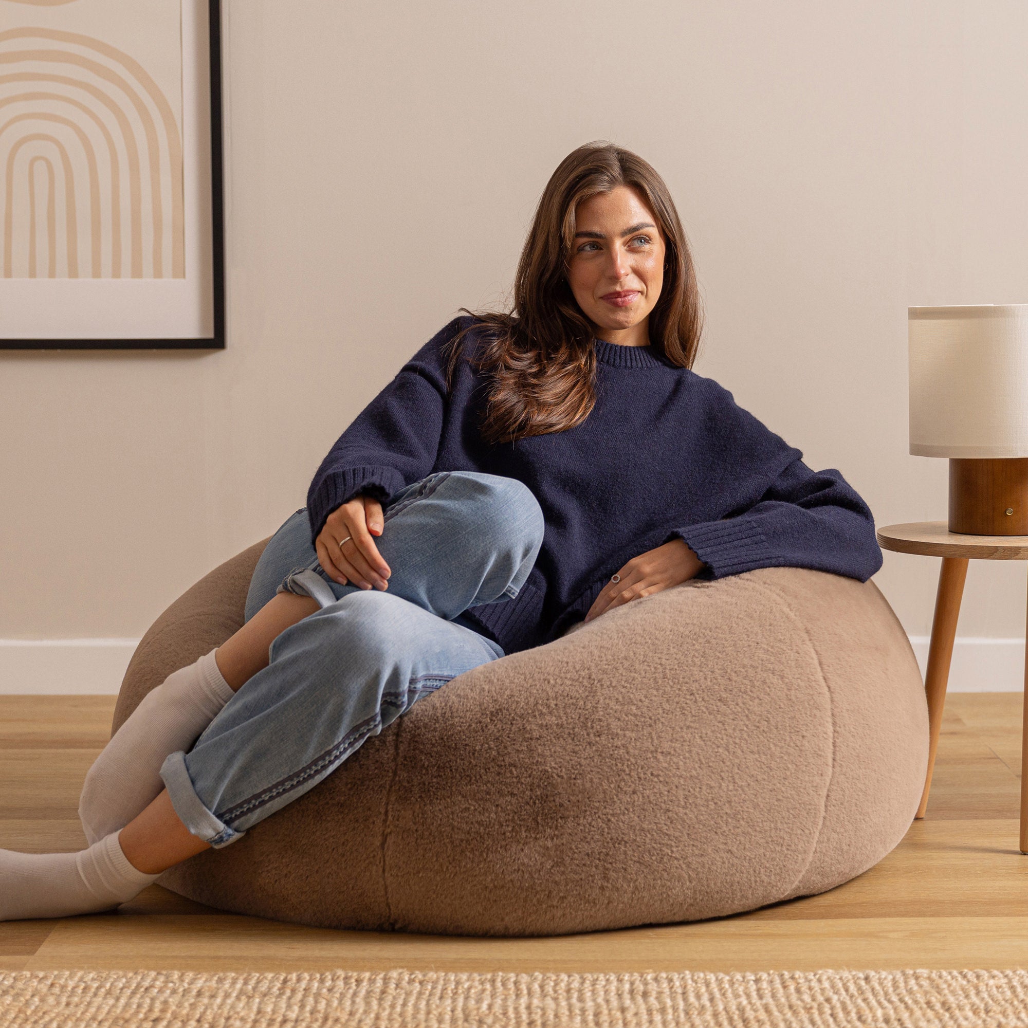 Pouf classique Icon en imitation fourrure luxueuse de lapin, brun moka, salon, chambre, 85x85cm, Made in Allemagne, Oeko-Tex® - 3