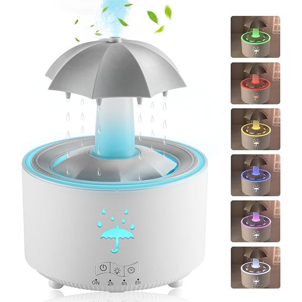 Humidificador y difusor de aroma con forma de paraguas con sonido de lluvia,efecto gota de agua,luz LED de 7colores,temporizador y apagado automático. - 1