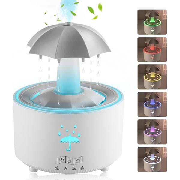 Humidificador y difusor de aroma con forma de paraguas con sonido de lluvia,efecto gota de agua,luz LED de 7colores,temporizador y apagado automático. - 1