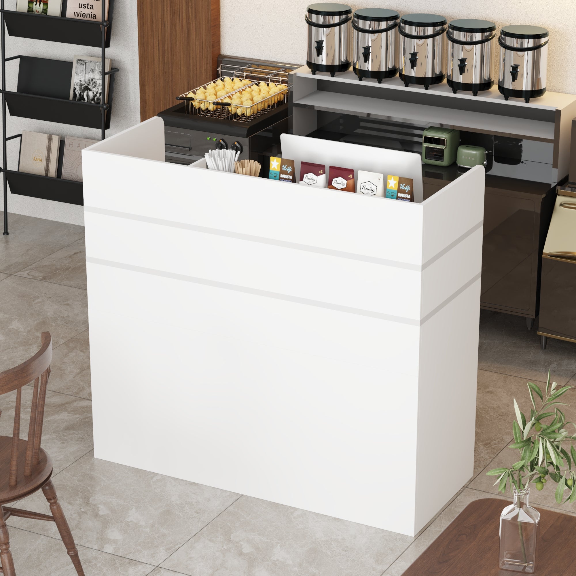 Comptoir de réception avec compartiments ouverts étagères Tiroir verrouillable Salon Bureau 120x20x110cm Blanche - 2