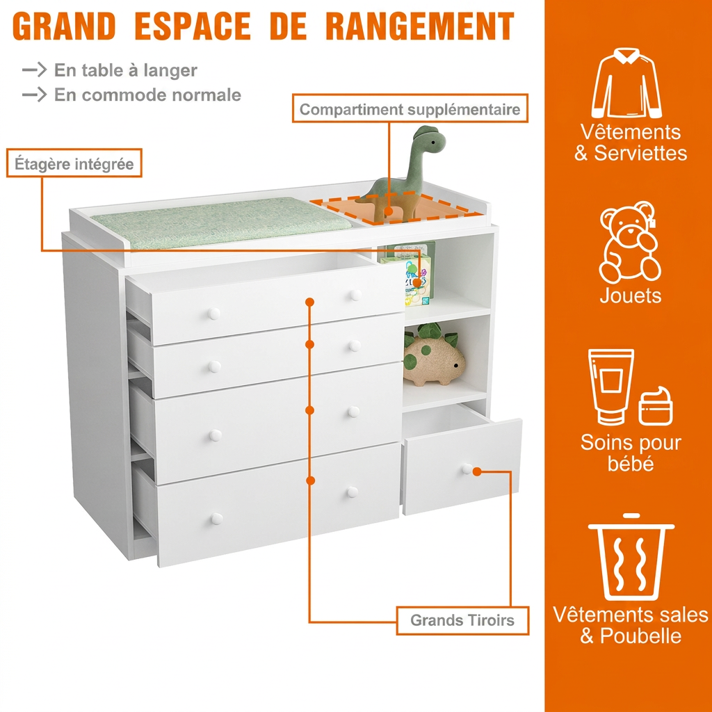 Meuble à Langer pour bébé,Table à langer,Commode,Compartiments ouverts,5 tiroirs et étagères,Chambre,Blanche,120x50x91.5cm - 3