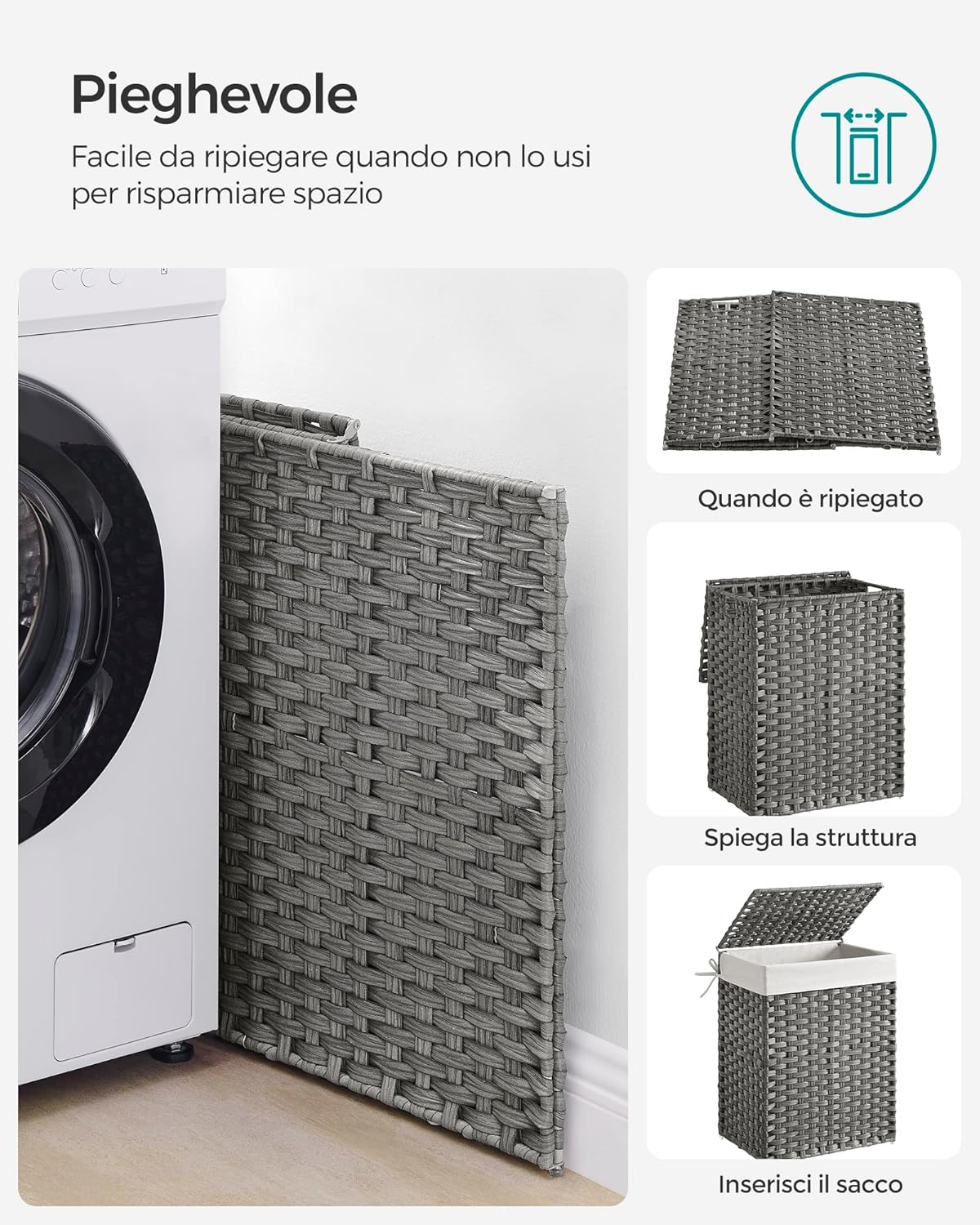 Cestino Portaoggetti, Cesta Portabiancheria 90L con Coperchio, Pieghevole, Sacco Rimovibile, Grigio - 2
