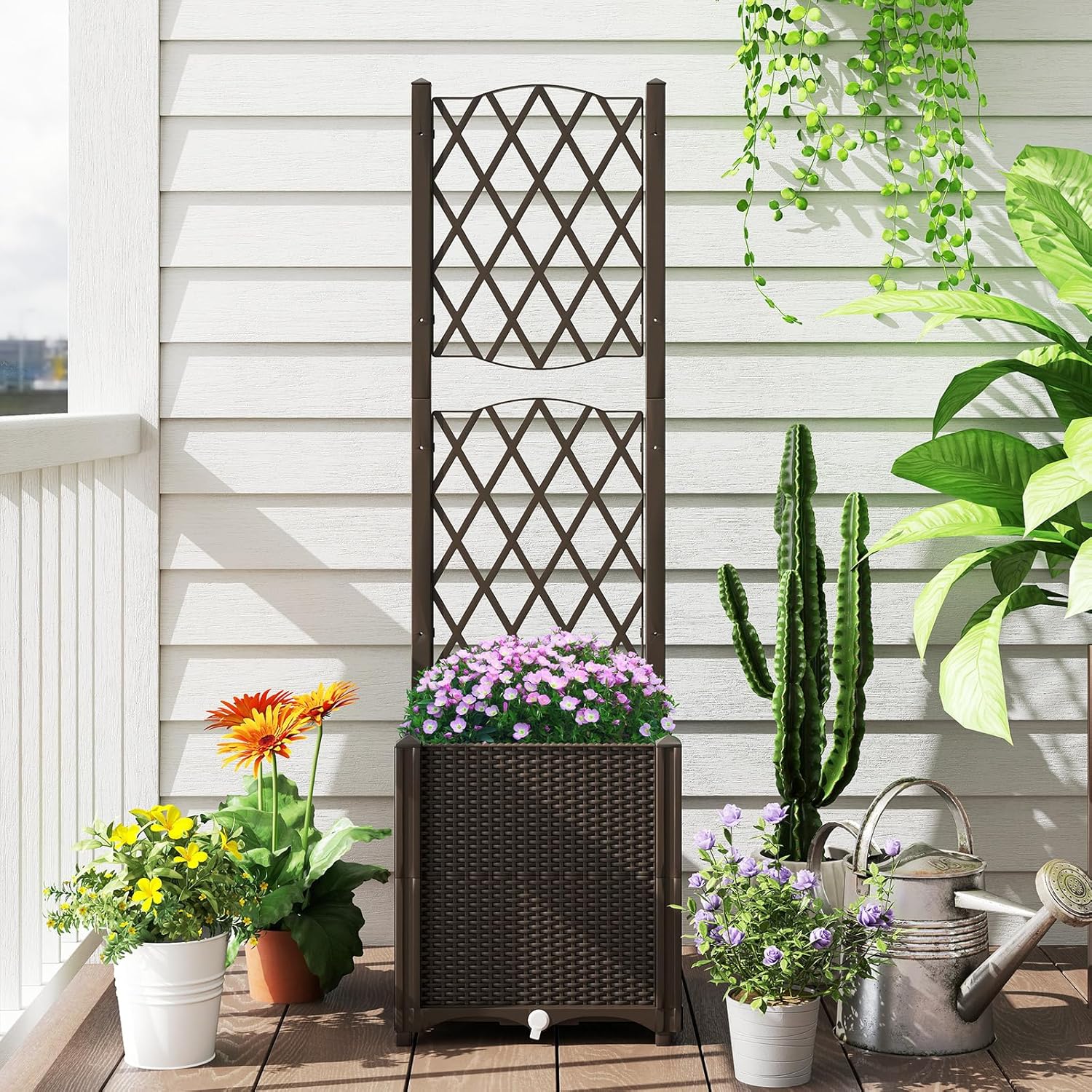Jardinière avec Treillis sur Pied, Bac de Plantation Auto-arrosage en Rotin PP avec Trou de Drainage, Légumes, Fleurs, Café, 40 x 40 x 140 cm - 2