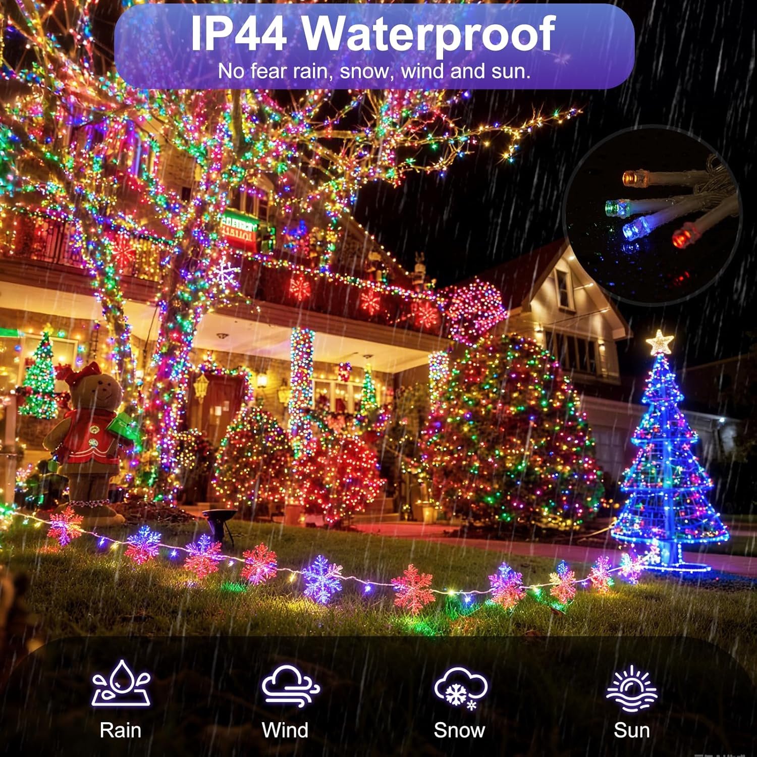 Luci a stringa LED da 50 m, 400 LED, luci natalizie impermeabili IP44 con telecomando e timer, 8 modalità, luce colorata - 5