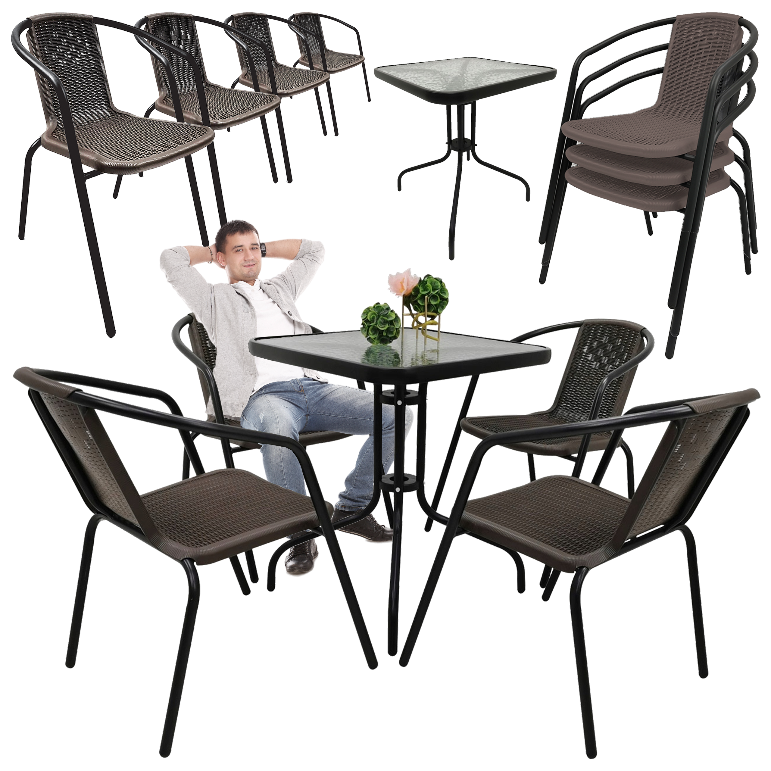 Zestaw mebli ogrodowych taras balkon stół 60x60 + 4 x krzesła Loretto brąz