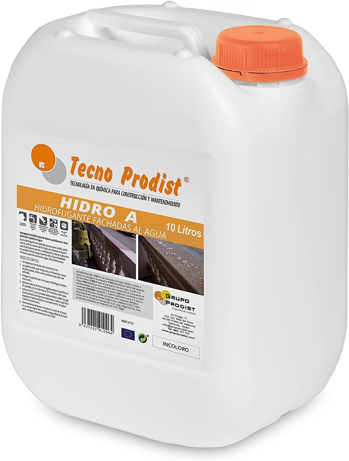HIDRO A de Tecno Prodist - Impermeabilizante Transparente al agua, Hidrofugante para fachada, teja, ladrillo y piedra - Transparente - 10 Litros - 6