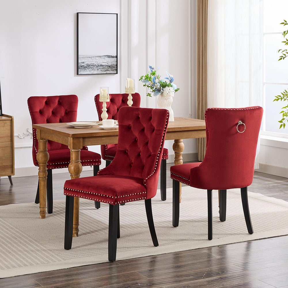 Lot de deux chaises de salle à manger, avec pieds en bois, bois massif, velours,rouge - 4