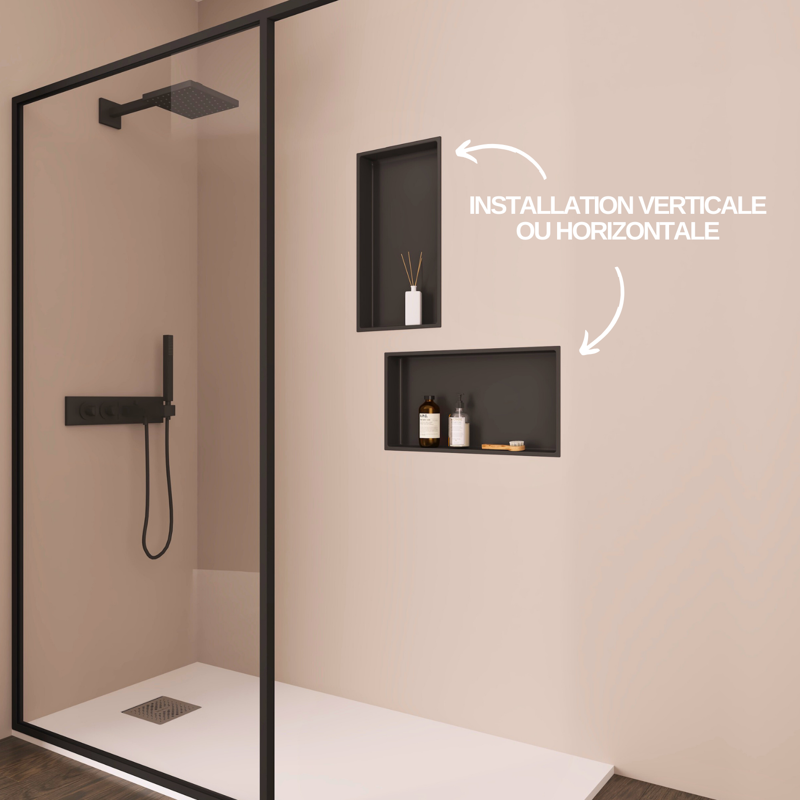 Niche De Douche Noire Mate En Acier Inoxydable, Sans