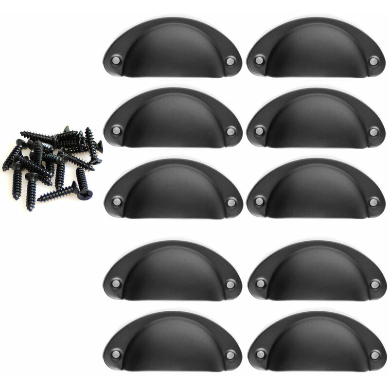 10 Vintage Shell Handles for Kitchen Cupboard Drawer, Incurved Iron Retro Cupboard Door Knob 8,2 cm x 3,5 cm Black