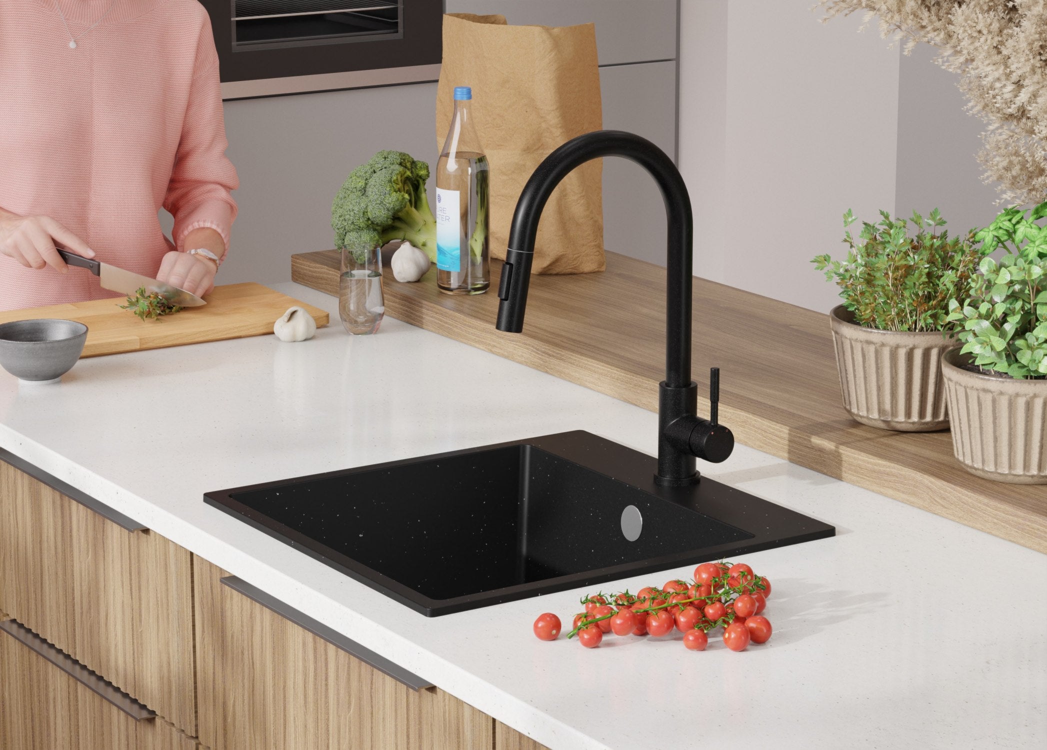Evier Cuisine en Granit Noir Métallisé 48x50cm, Lavabo 1 bac + Kit de Vidage, Évier à Encastrer au meuble 50cm - Riga PRIMAGRAN - 9
