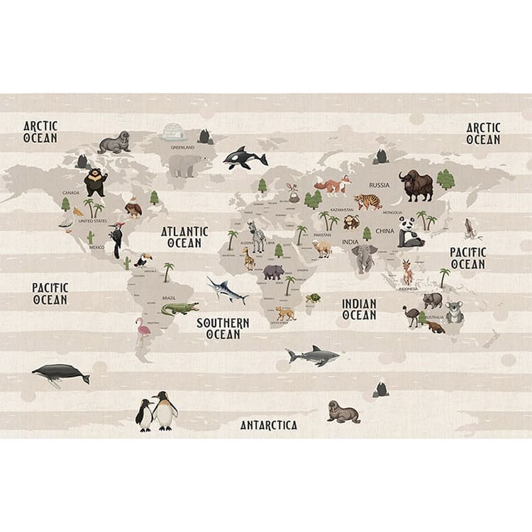 Carta da parati autoadesiva con mappa del mondo e animali 400x260cm - 2