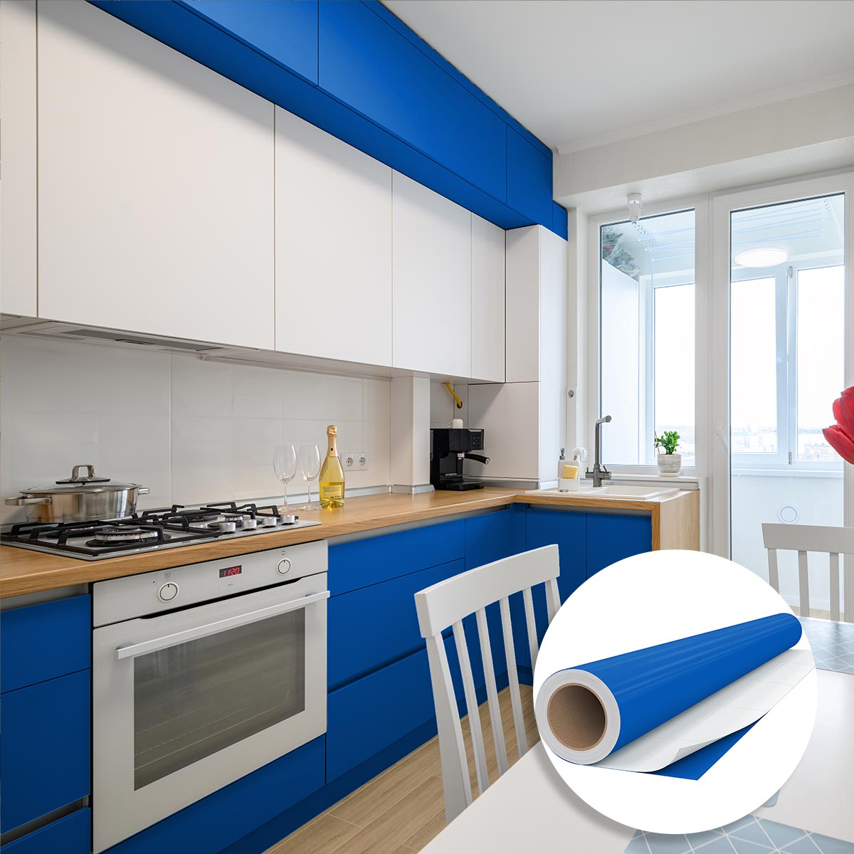 Rouleau adhésif Imperméable Vinyle au Mètre - Sticker Lavable Cuisine Meuble Armoire Porte - 60cmx3m - Bleu marine - 3