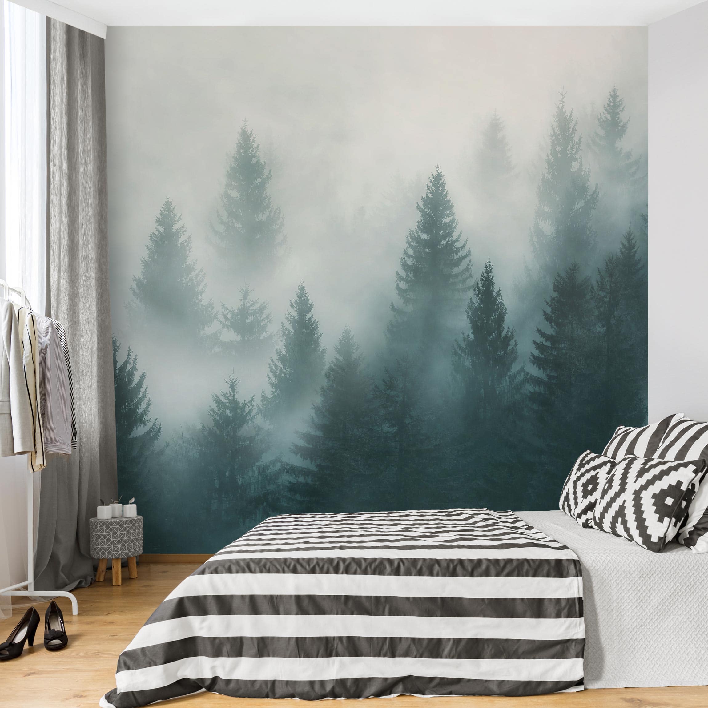 Papel pintado fotomural naturaleza bosque de coníferas en la niebla 229 - salón dormitorio cocina - tnt 336 x 336 cm premium