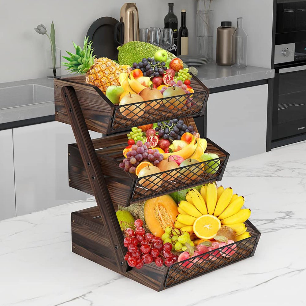 Ledander cesta de almacenamiento de frutas de dos niveles,estante de almacenamiento de encimera de cocina,utensilios de cocina para el hogar-caqui