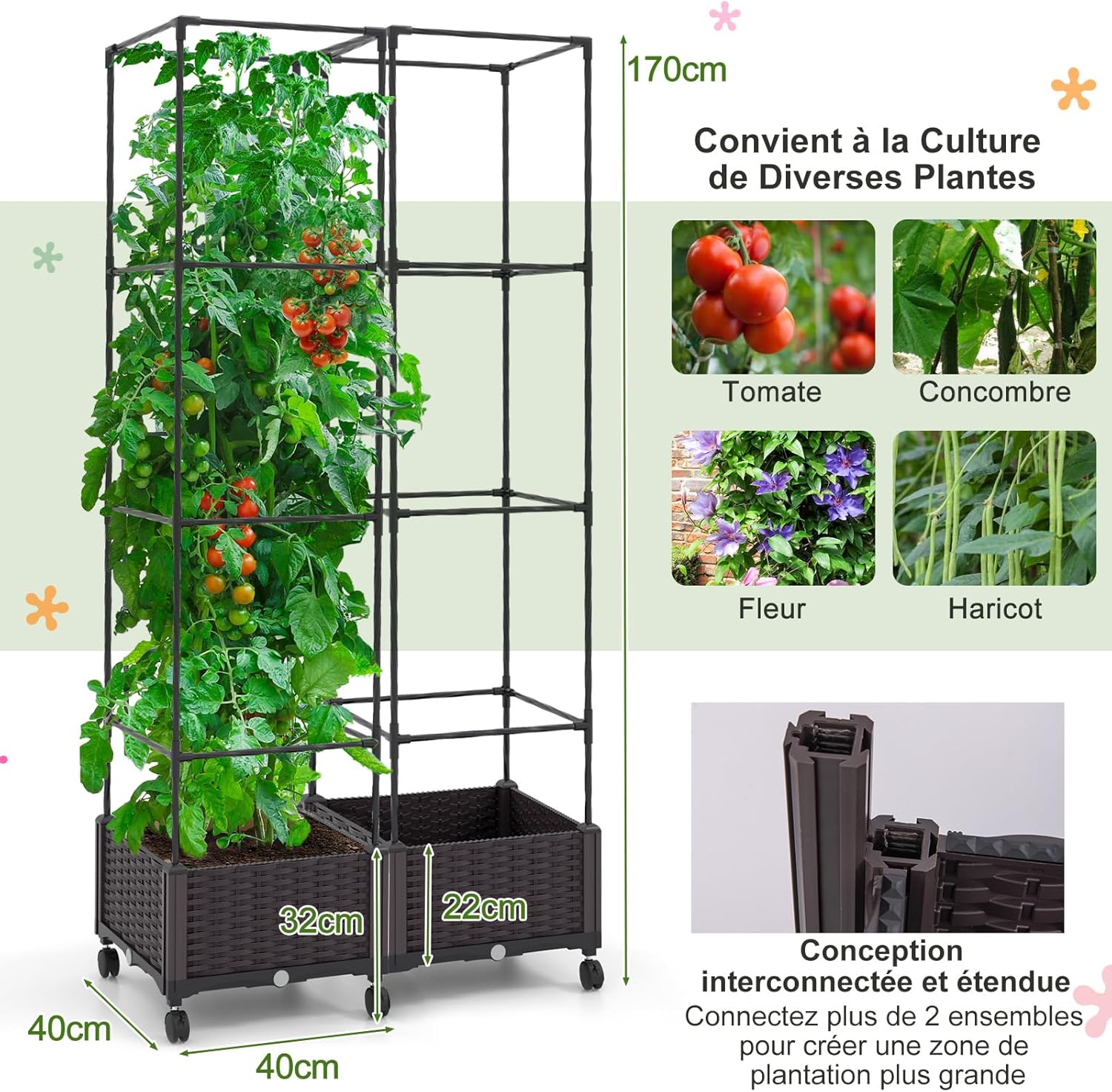 Fioriera con Grigliato per Piante Rampicanti, Letto Rialzato con Spalliera, Sistema di Auto-irrigazione, Altezza Regolabile e Ruote, Fioriera - 5