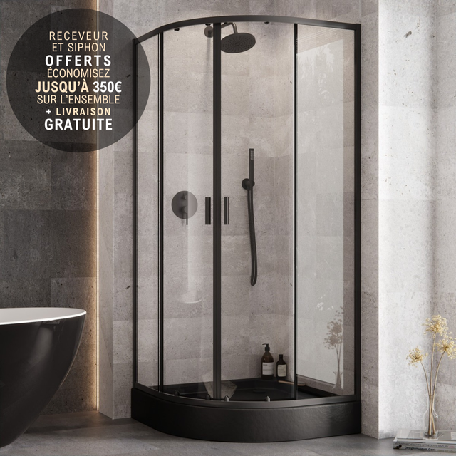 Cabine de douche 90x90cm noir semi-circulaire ZARYA BLACK - avec receveur effet pierre noir ALEX BLACK et Siphon OFFERTS