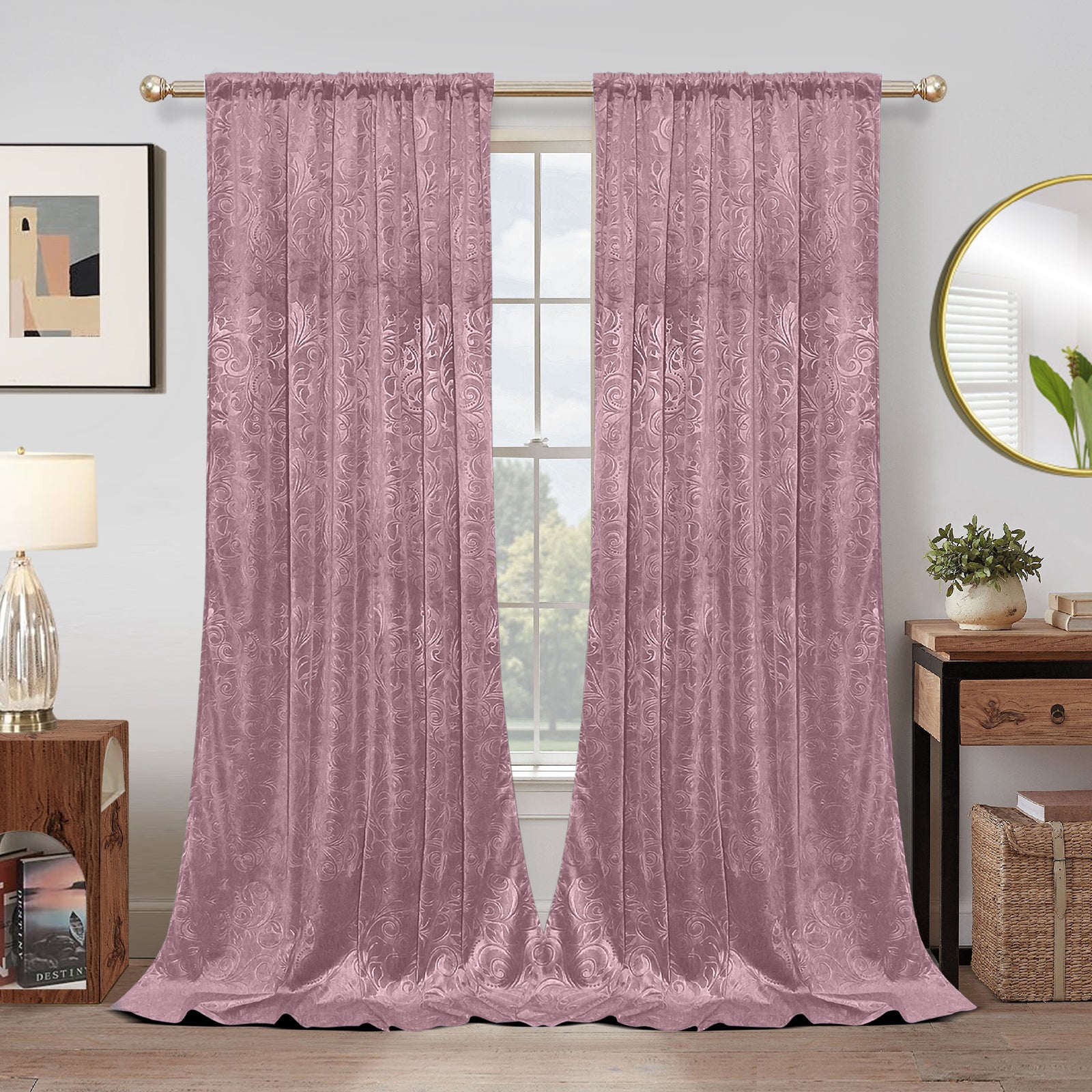 Aksamitne zasłony w kwiatowy wzór adamaszku,zasłony termiczne zaciemniające do salonu sypialni 2 szt Różowy 132x213cm