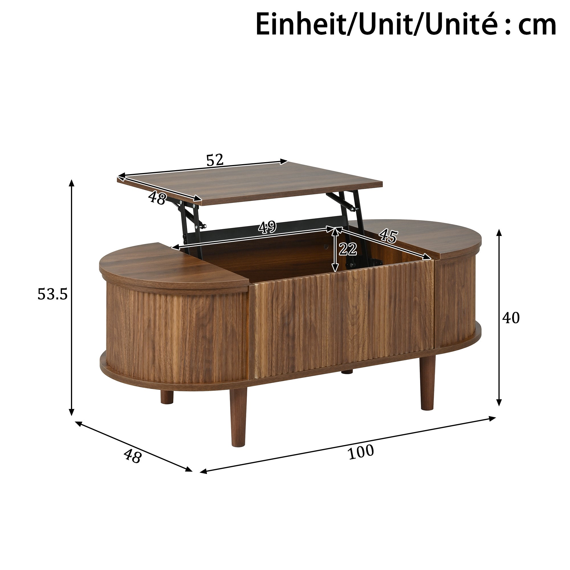 Owalny stolik kawowy z podnoszonym blatem – 100 x 48 x 53,5 cm – MDF i nogi z litego drewna – orzech - 4