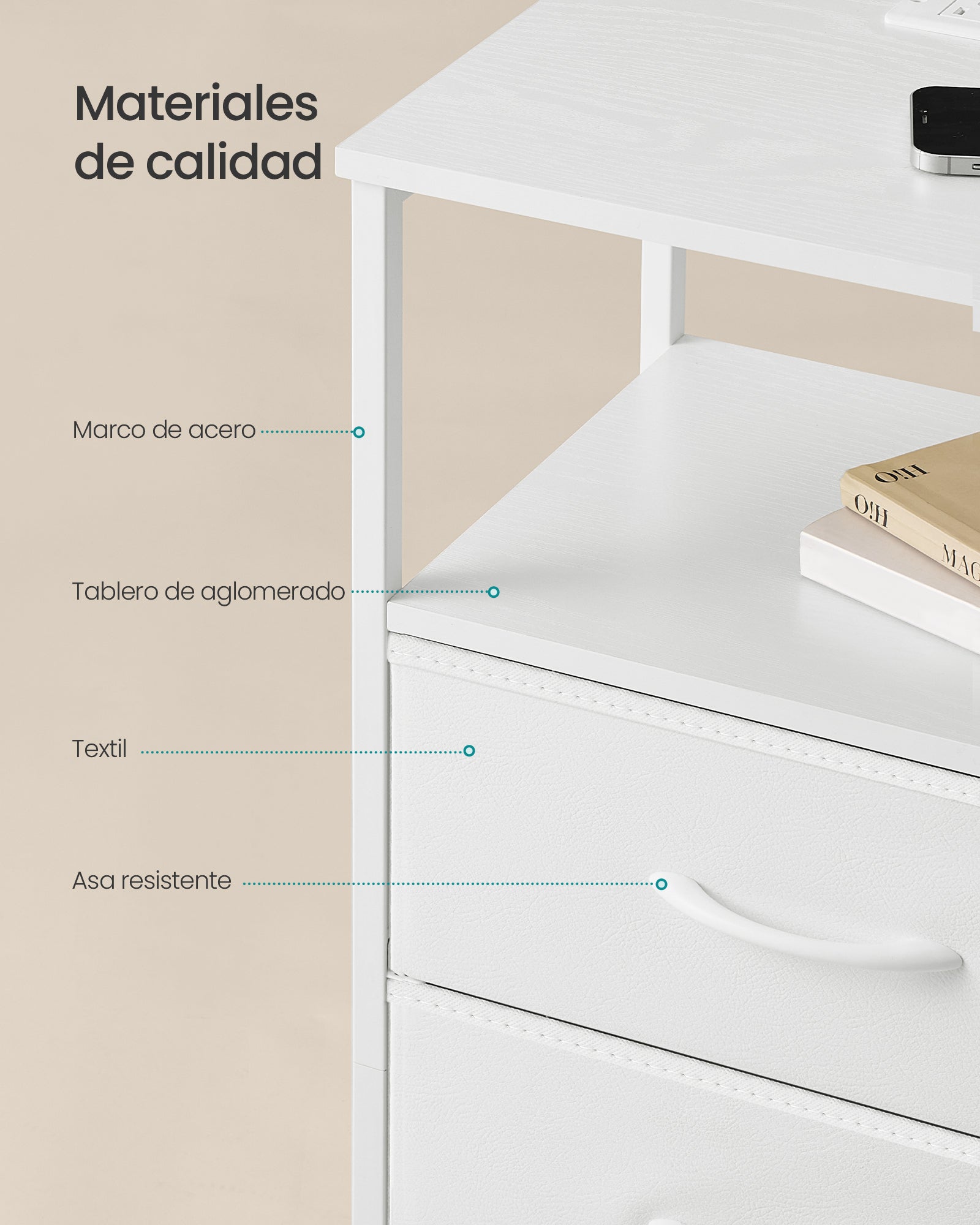 BELLAH–Mesita de Noche con Estación de Carga,Mesa Auxiliar con Luz LED Ajustable Controlada por APP,1 Estante y 2 Cajones,Blanco Nube y Blanco Nieve - 5