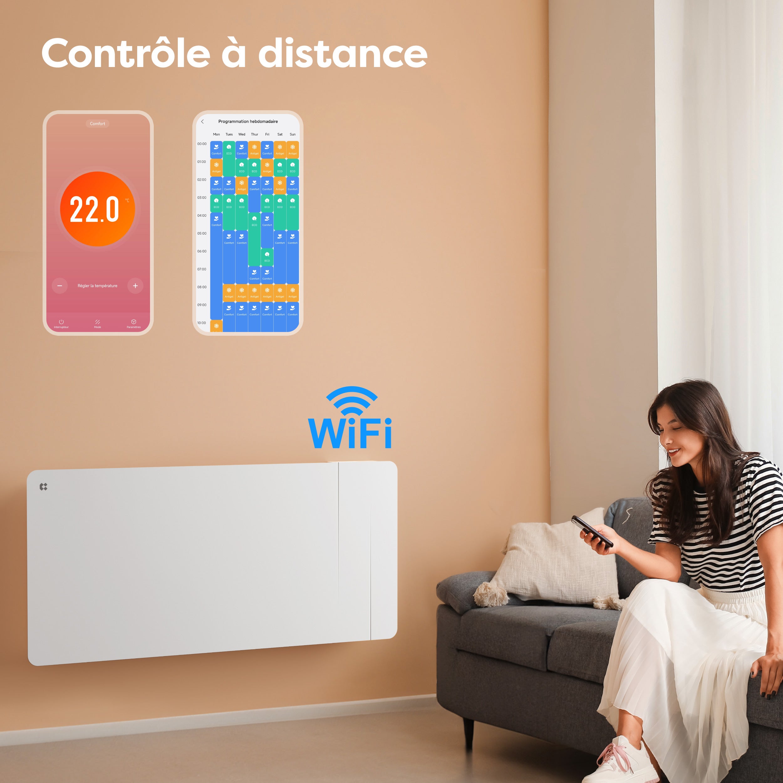 CIARRA Radiateur connecté à inertie sèche céramique 2000W Double coeur de chauffe Programmable 5 Modes Silencieux Blanc mat CDHTD20A-W - 2