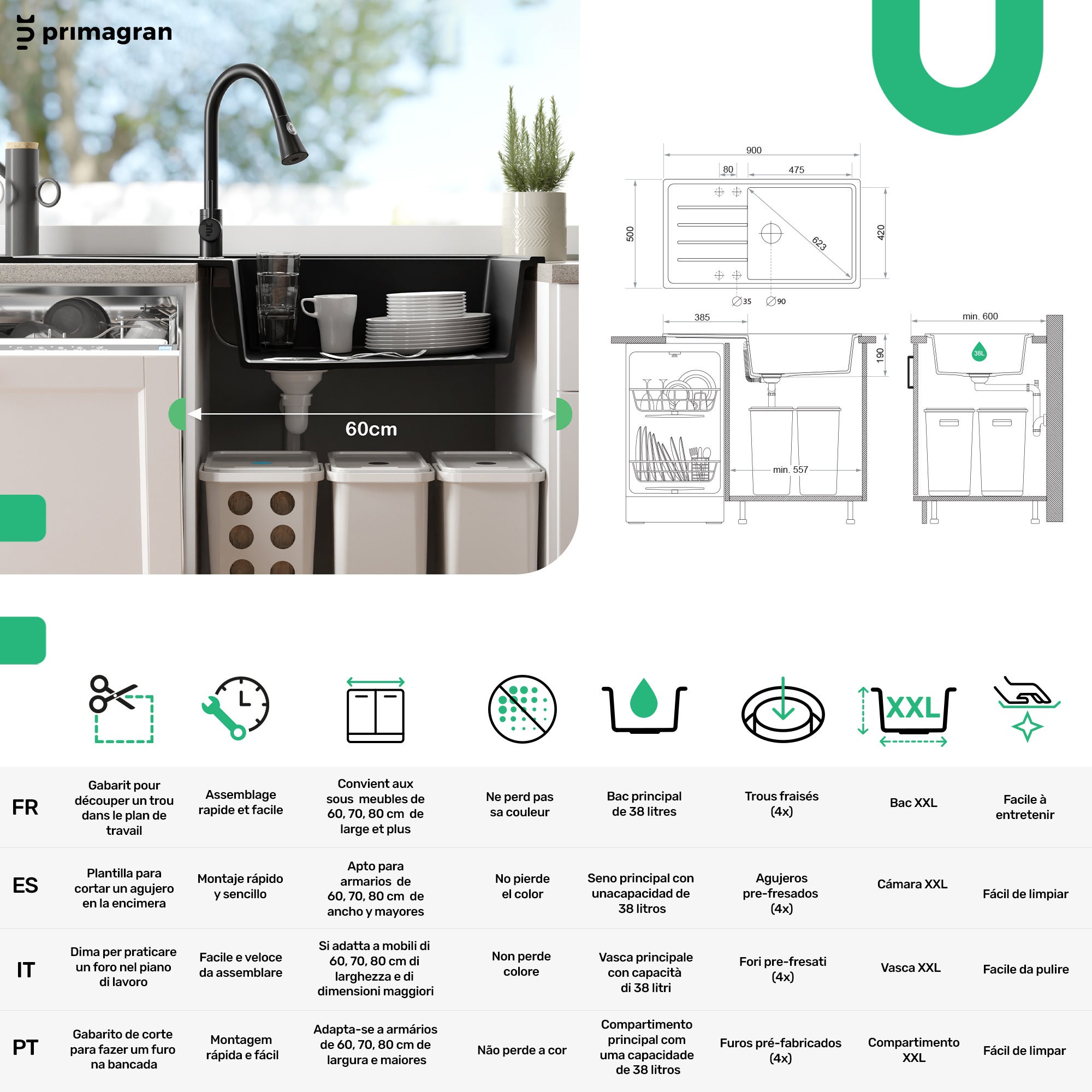 Lavello da Cucina Bianco 90x50cm, Lavandino da Cucina a 1 vasca + Sifone Classico, Lavabo da Cucina Incasso al mobile 60cm - London di Primagran - 6