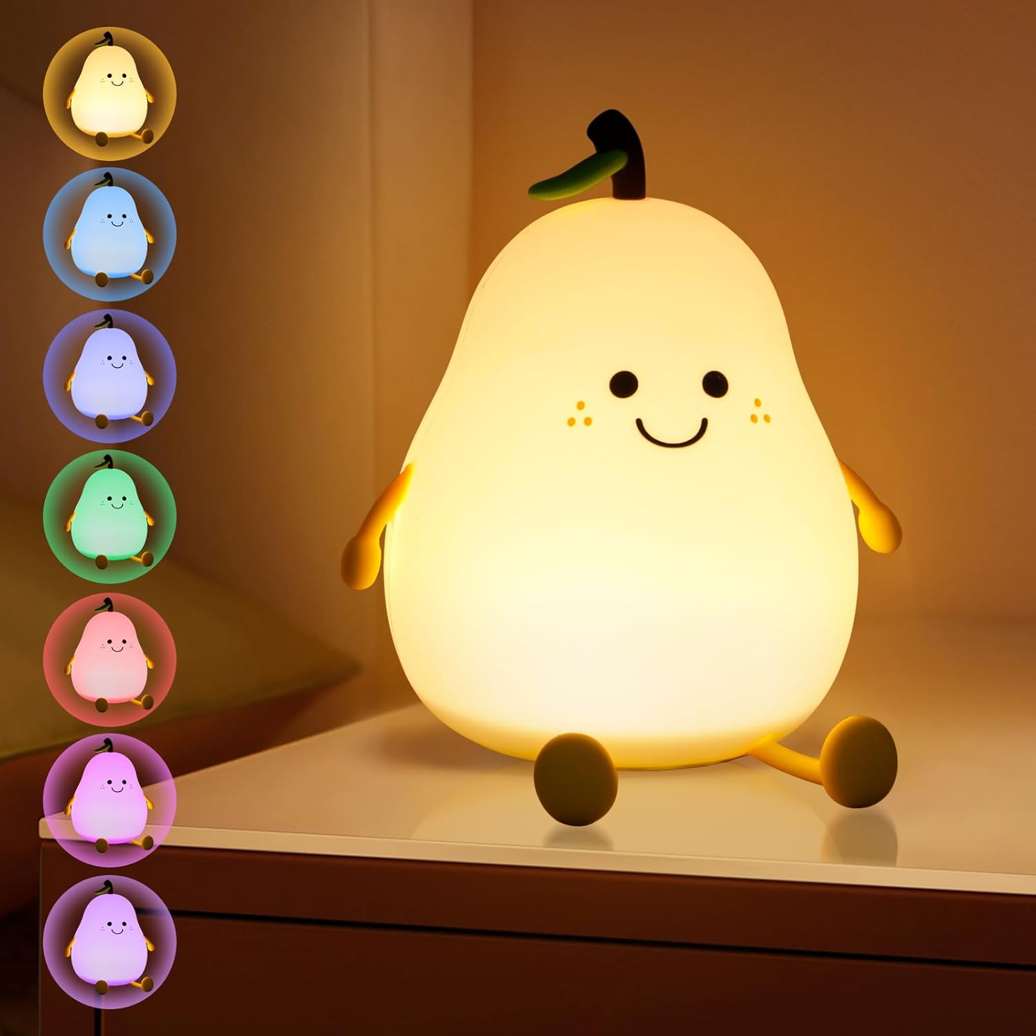 Dziecięca lampka nocna w kształcie gruszki, kawaii dziecięca lampka nocna z timerem, ładowana przez USB, silikonowa dziecięca lampka do salonu.